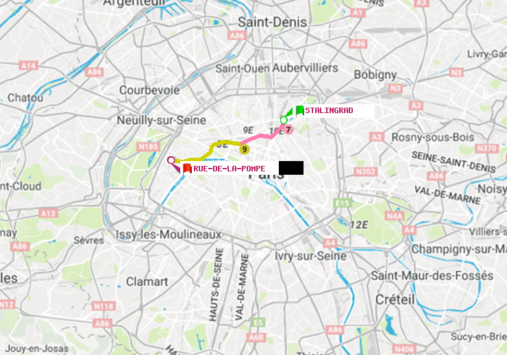 plan itinéraire ratp de Stalingrad à Rue de la Pompe (Avenue Georges Mandel)