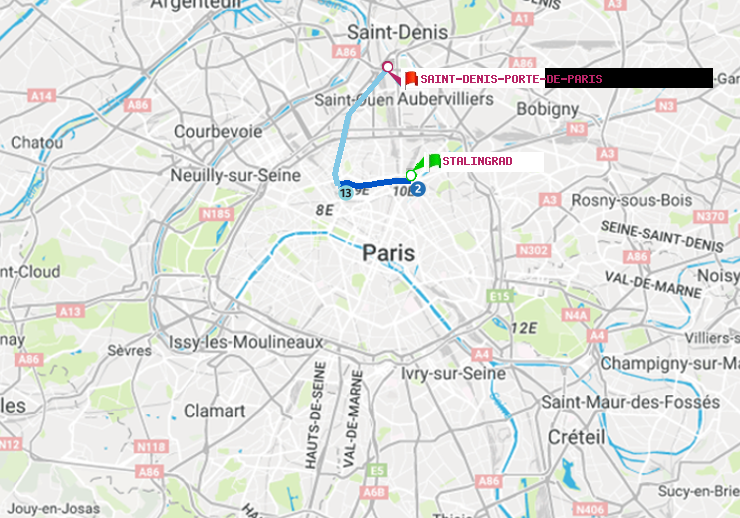 plan itinéraire ratp de Stalingrad à Saint-Denis-Porte de Paris