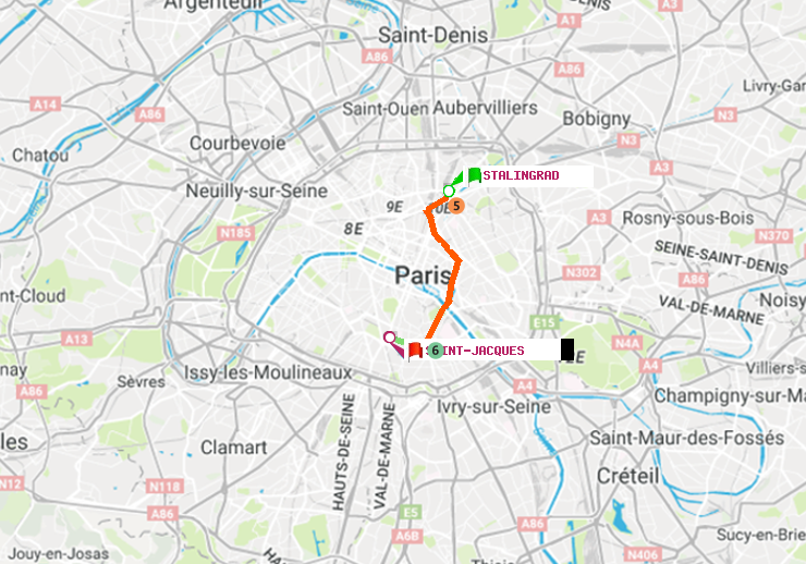 plan itinéraire ratp de Stalingrad à Saint-Jacques