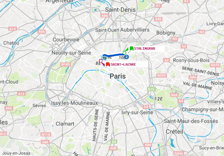 plan itinéraire ratp de Stalingrad à Saint-Lazare