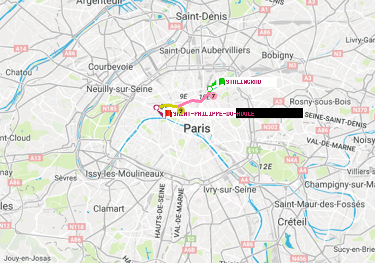plan itinéraire ratp de Stalingrad à Saint-Philippe du Roule