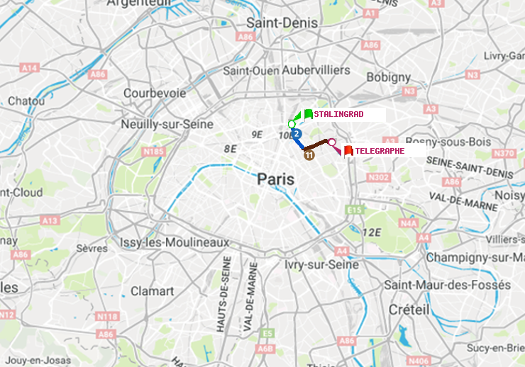 plan itinéraire ratp de Stalingrad à Telegraphe