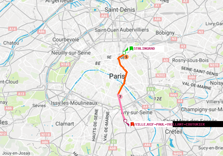 plan itinéraire ratp de Stalingrad à Villejuif-Paul Vaillant Couturier (Hôpital Paul Brousse)