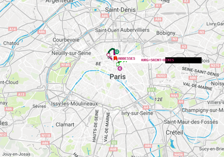 plan itinéraire ratp de Strasbourg-Saint-Denis à Abbesses