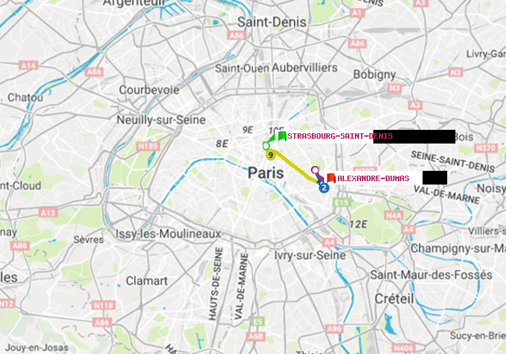 plan itinéraire ratp de Strasbourg-Saint-Denis à Alexandre-Dumas