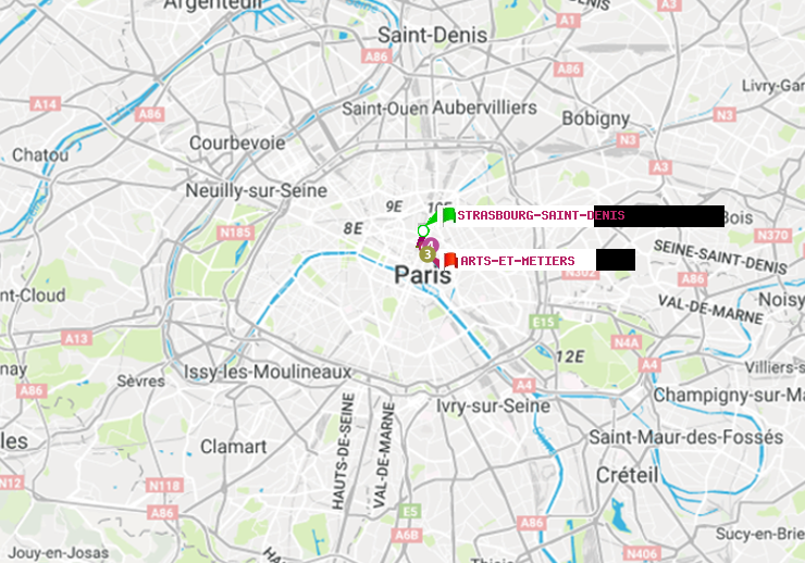plan itinéraire ratp de Strasbourg-Saint-Denis à Arts-et-Métiers