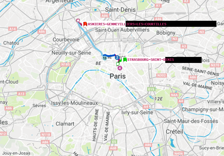 plan itinéraire ratp de Strasbourg-Saint-Denis à Asnieres-Gennevilliers Les Courtilles