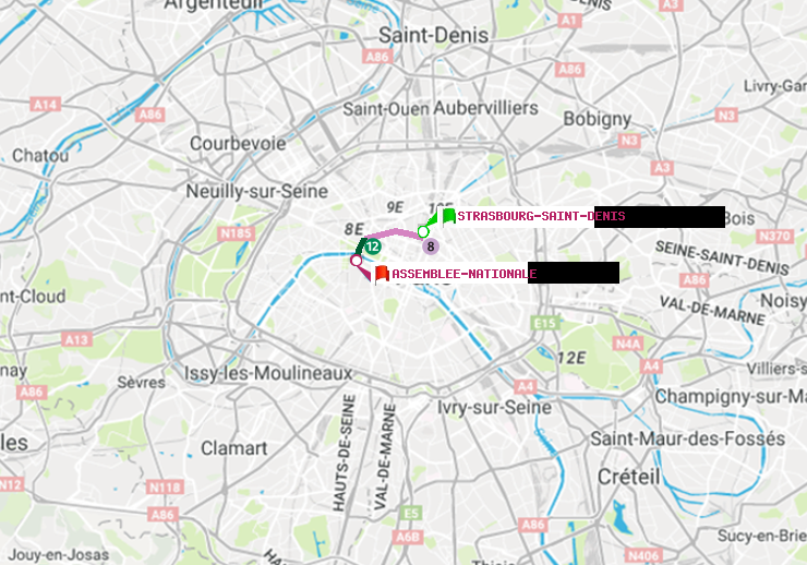plan itinéraire ratp de Strasbourg-Saint-Denis à Assemblée Nationale