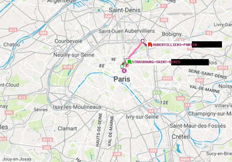 plan itinéraire ratp de Strasbourg-Saint-Denis à Aubervilliers Pantin (4 Chemins)