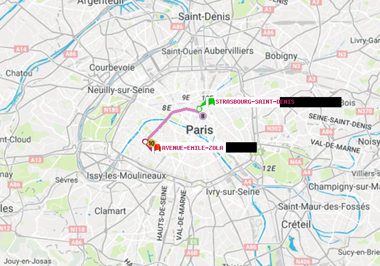 plan itinéraire ratp de Strasbourg-Saint-Denis à Avenue Emile-Zola