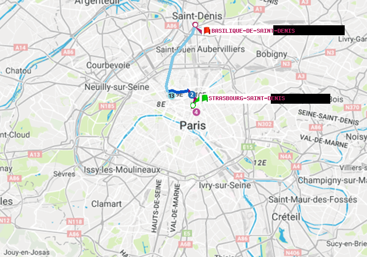plan itinéraire ratp de Strasbourg-Saint-Denis à Basilique de Saint-Denis