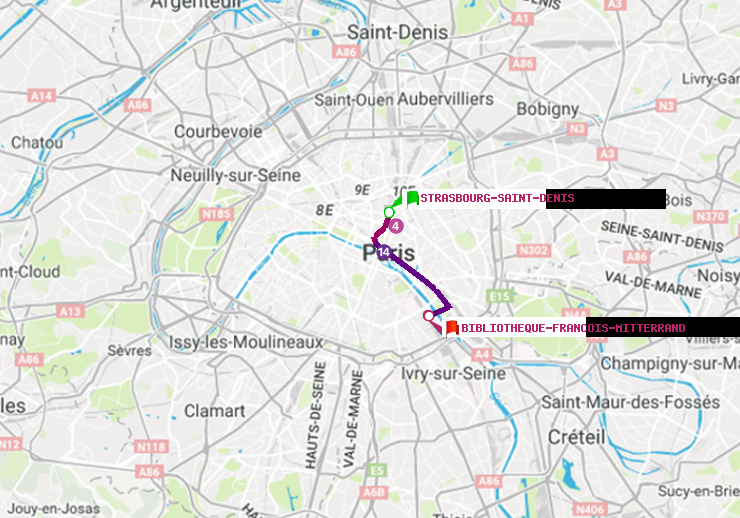 plan itinéraire ratp de Strasbourg-Saint-Denis à Bibliotheque-Francois Mitterrand