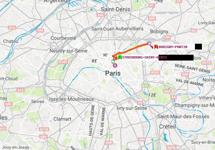 plan itinéraire ratp de Strasbourg-Saint-Denis à Bobigny-Pantin (Raymond Queneau)