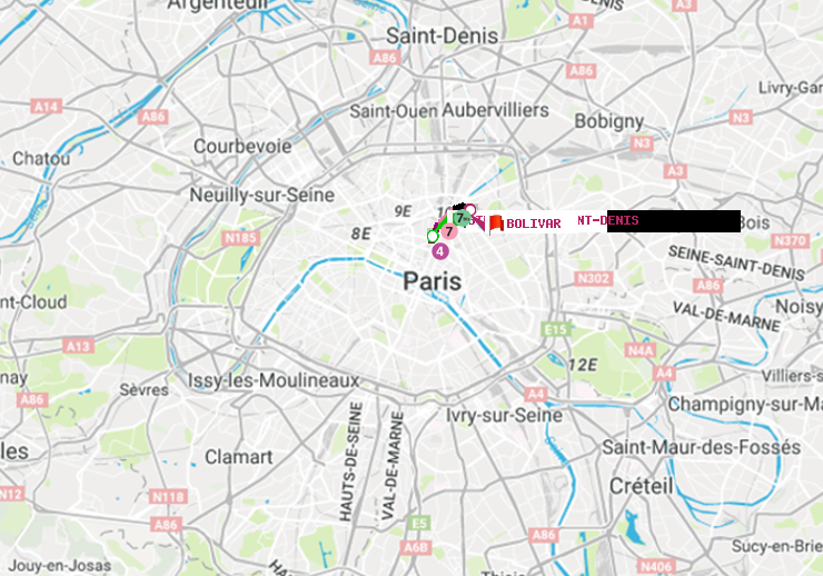 plan itinéraire ratp de Strasbourg-Saint-Denis à Bolivar