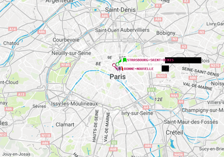 plan itinéraire ratp de Strasbourg-Saint-Denis à Bonne Nouvelle