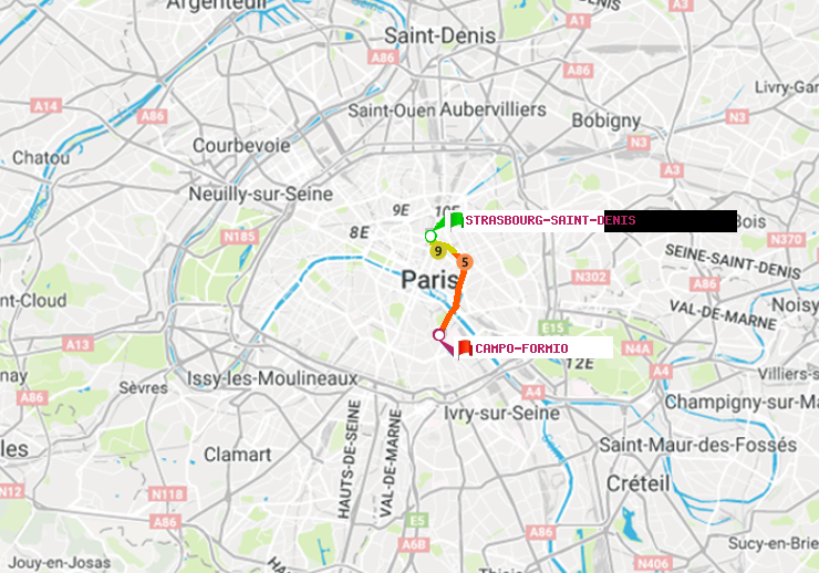 plan itinéraire ratp de Strasbourg-Saint-Denis à Campo-Formio