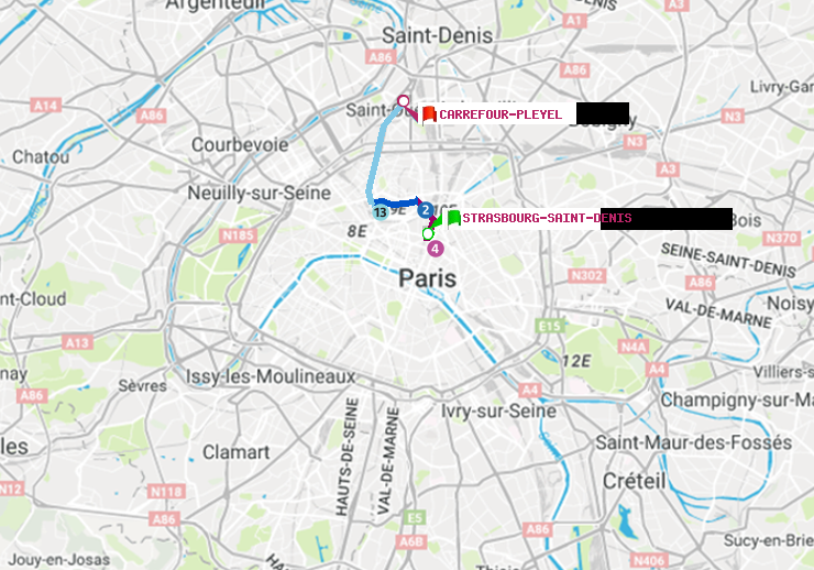 plan itinéraire ratp de Strasbourg-Saint-Denis à Carrefour-Pleyel