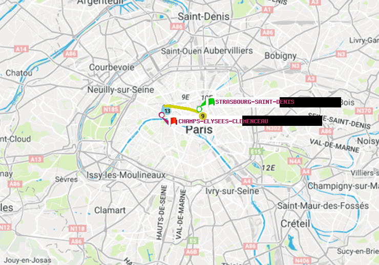 plan itinéraire ratp de Strasbourg-Saint-Denis à Champs-Elysées-Clémenceau