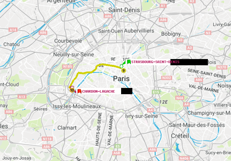 plan itinéraire ratp de Strasbourg-Saint-Denis à Chardon-Lagache