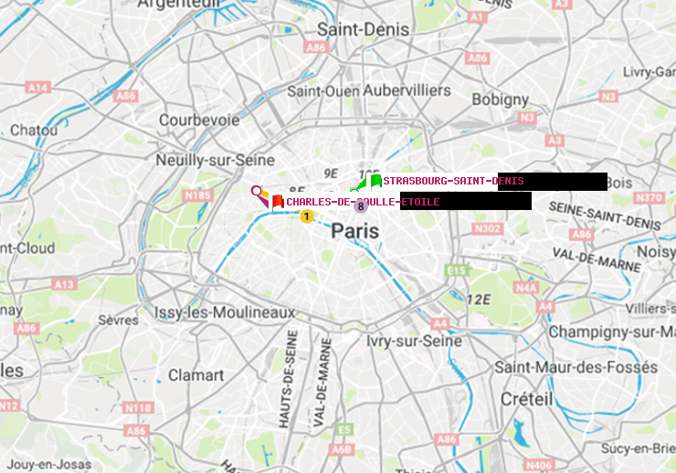 plan itinéraire ratp de Strasbourg-Saint-Denis à Charles de Gaulle-Etoile