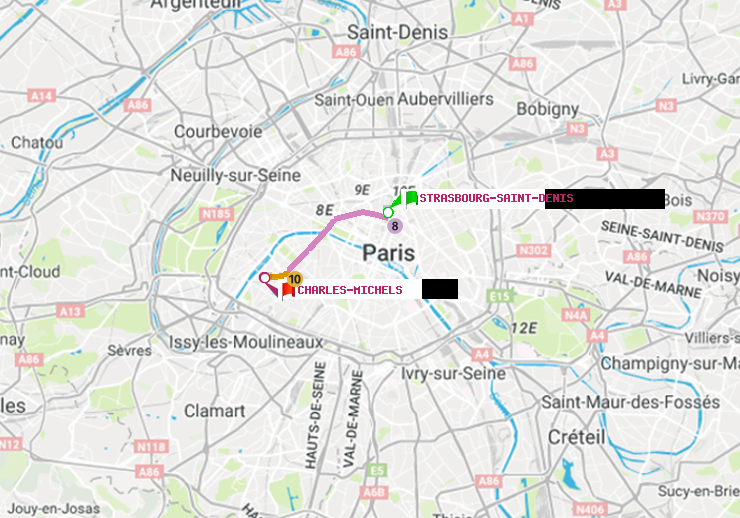 plan itinéraire ratp de Strasbourg-Saint-Denis à Charles Michels