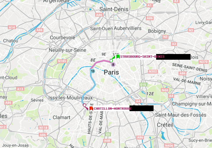 plan itinéraire ratp de Strasbourg-Saint-Denis à Châtillon Montrouge
