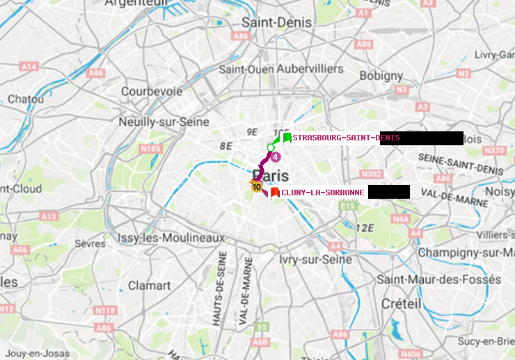 plan itinéraire ratp de Strasbourg-Saint-Denis à Cluny-La Sorbonne