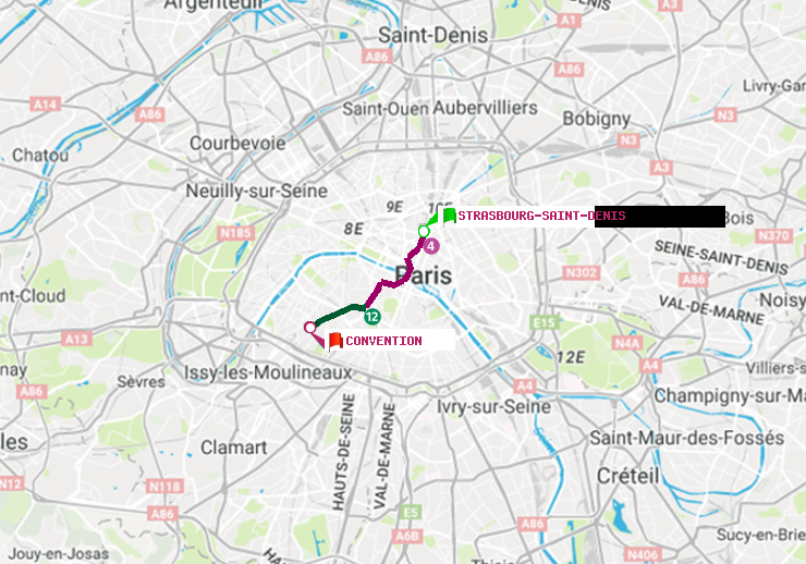 plan itinéraire ratp de Strasbourg-Saint-Denis à Convention