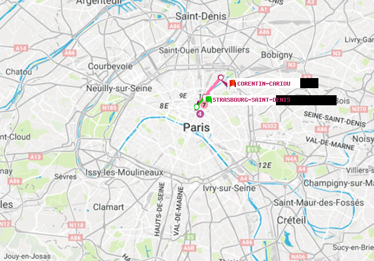 plan itinéraire ratp de Strasbourg-Saint-Denis à Corentin-Cariou