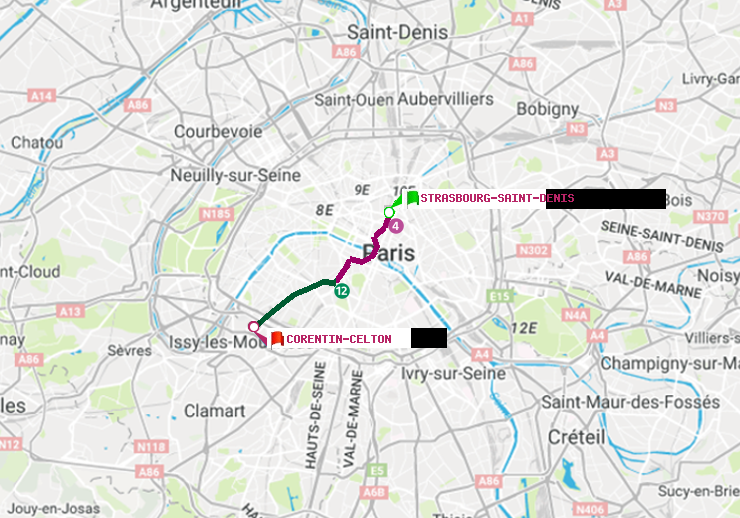 plan itinéraire ratp de Strasbourg-Saint-Denis à Corentin-Celton