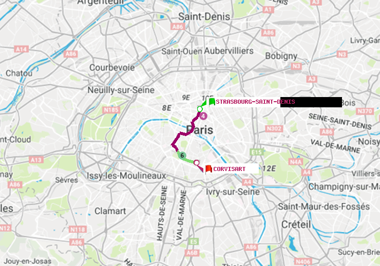 plan itinéraire ratp de Strasbourg-Saint-Denis à Corvisart