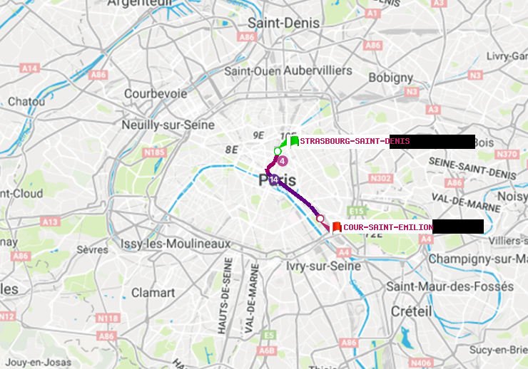 plan itinéraire ratp de Strasbourg-Saint-Denis à Cour Saint-Emilion