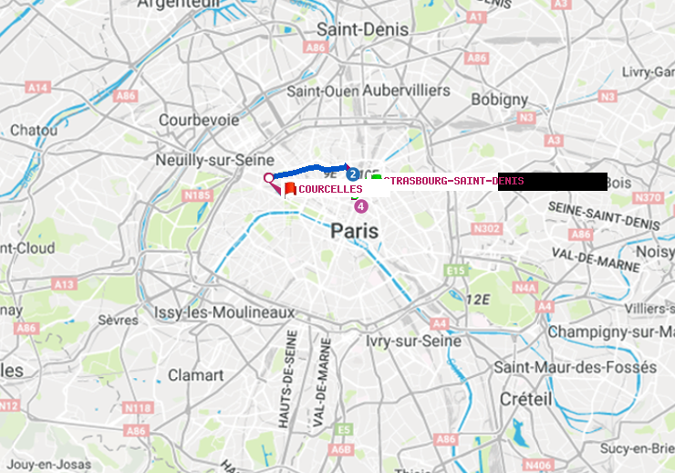 plan itinéraire ratp de Strasbourg-Saint-Denis à Courcelles