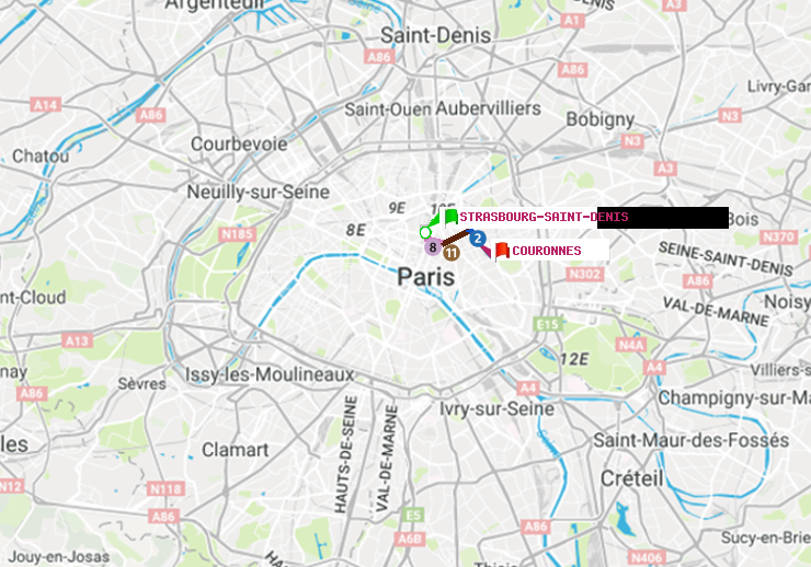 plan itinéraire ratp de Strasbourg-Saint-Denis à Couronnes