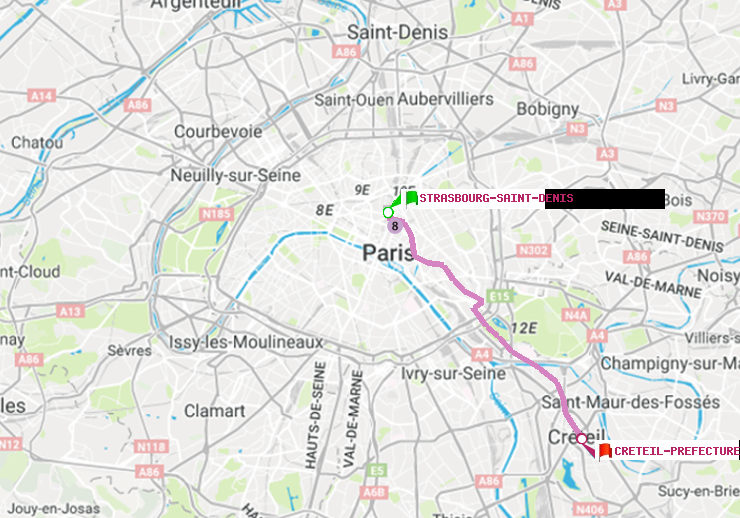 plan itinéraire ratp de Strasbourg-Saint-Denis à Créteil-Préfecture (Hôtel de Ville)