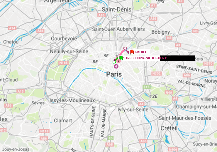plan itinéraire ratp de Strasbourg-Saint-Denis à Crimée