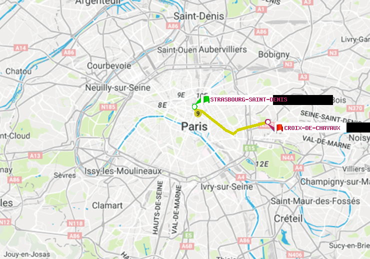 plan itinéraire ratp de Strasbourg-Saint-Denis à Croix-de-Chavaux (Jacques Duclos)