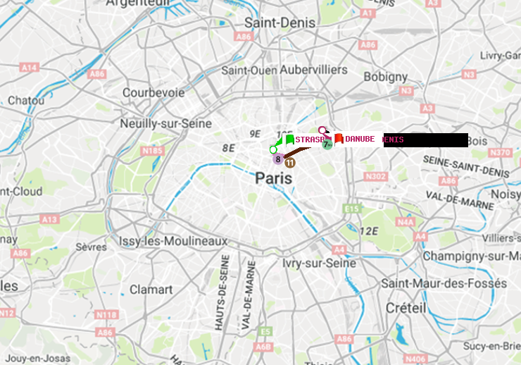 plan itinéraire ratp de Strasbourg-Saint-Denis à Danube