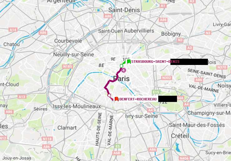 plan itinéraire ratp de Strasbourg-Saint-Denis à Denfert-Rochereau