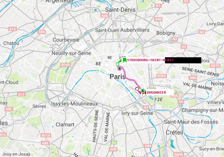plan itinéraire ratp de Strasbourg-Saint-Denis à Dugommier