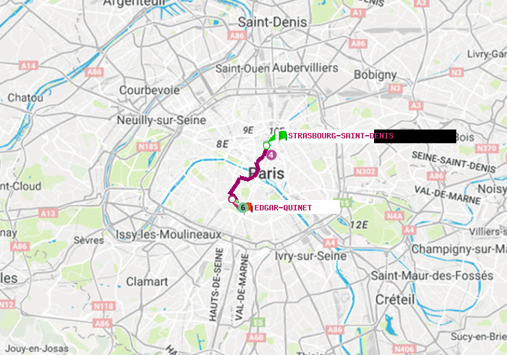 plan itinéraire ratp de Strasbourg-Saint-Denis à Edgar-Quinet