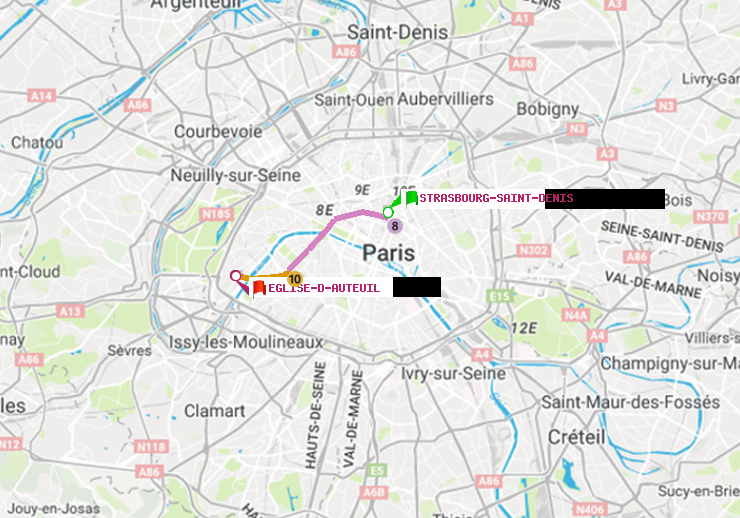 plan itinéraire ratp de Strasbourg-Saint-Denis à Eglise d