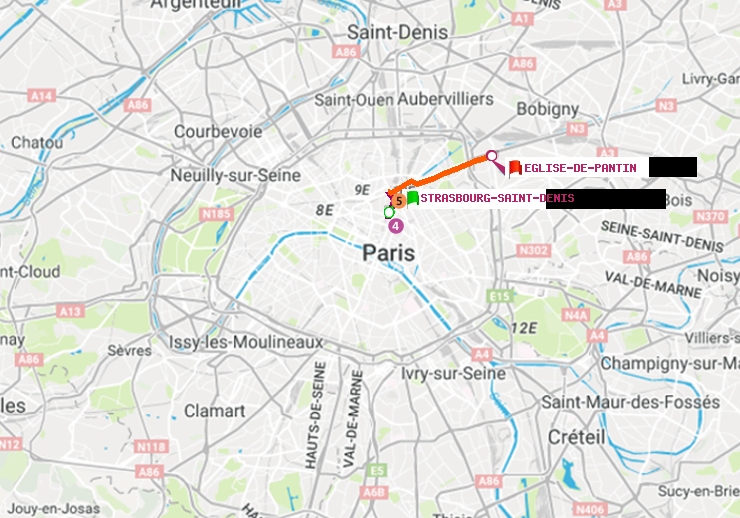 plan itinéraire ratp de Strasbourg-Saint-Denis à Eglise de Pantin