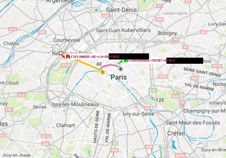 plan itinéraire ratp de Strasbourg-Saint-Denis à Esplanade de la Défense