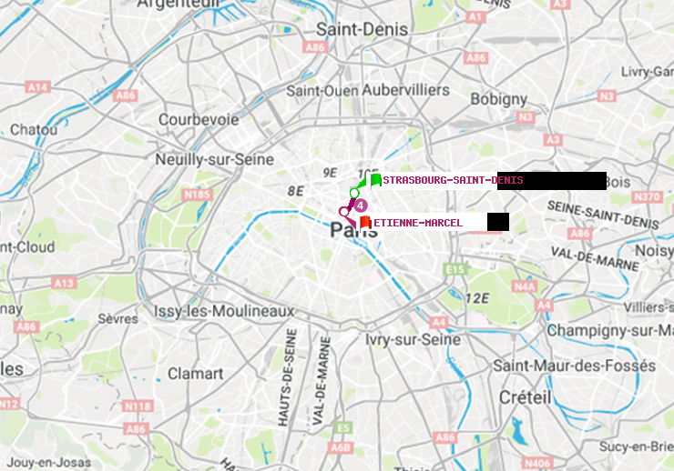 plan itinéraire ratp de Strasbourg-Saint-Denis à Etienne Marcel