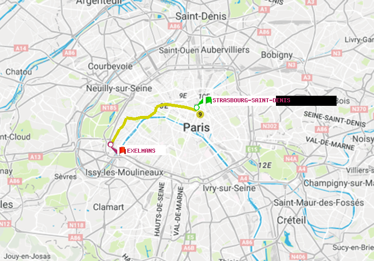 plan itinéraire ratp de Strasbourg-Saint-Denis à Exelmans