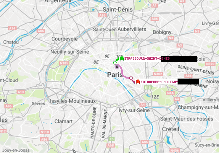 plan itinéraire ratp de Strasbourg-Saint-Denis à Faidherbe-Chaligny