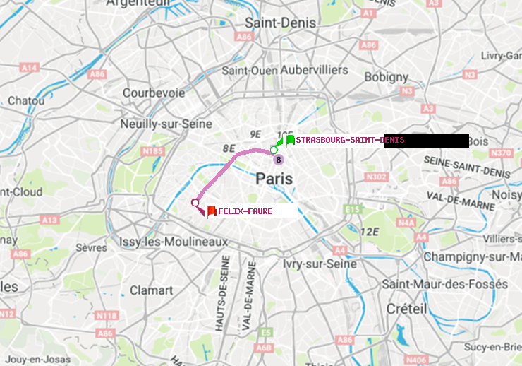 plan itinéraire ratp de Strasbourg-Saint-Denis à Félix Faure
