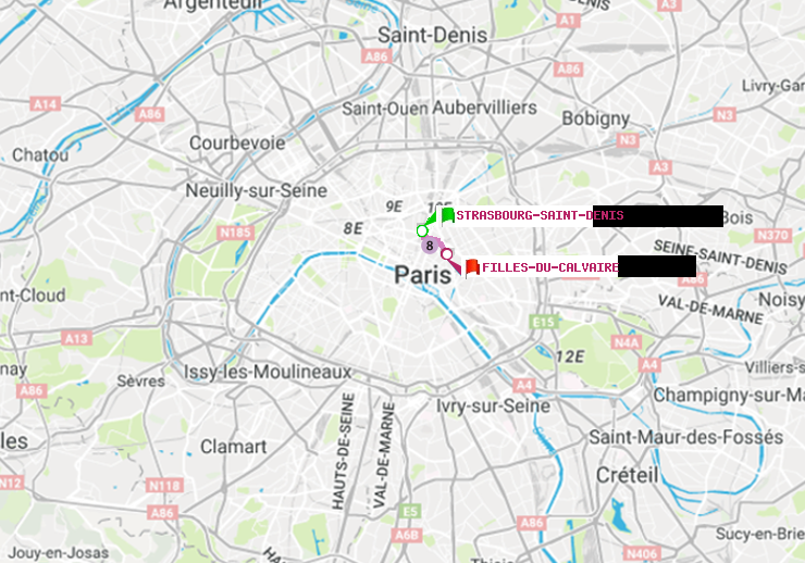 plan itinéraire ratp de Strasbourg-Saint-Denis à Filles du Calvaire