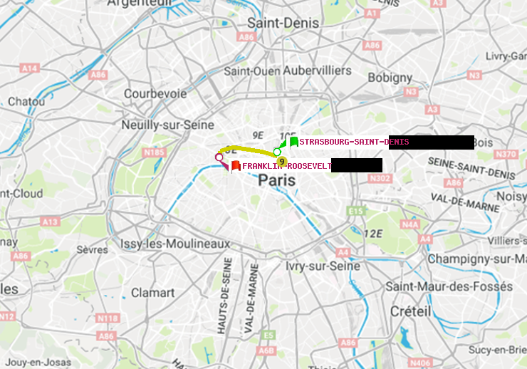 plan itinéraire ratp de Strasbourg-Saint-Denis à Franklin-Roosevelt